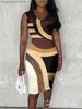 Freizeitkleider LW Patchwork, figurbetontes Kleid mit geometrischem Druck und V-Ausschnitt, ärmellos, elegant, braun, Farbblock, Wickelrock, weiblich, Vestidos T230504