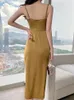 Abiti casual Estate Donna Elegante Retro Sexy Abito in raso oro Canotta Slip Pieghe senza schienale Drappeggiato Fessura Abito longuette Party Office Vestido