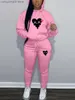 Women's Two Piece Pants LW Sweat 2PC Heart Print Kangaroo Pocket Tracksuit Set Long Sleeve Hoodie Top Casual Sweatpants Matching Outfits For Women T230504