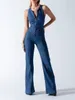 Kvinnors jumpsuits Rompers Blue Backless Heart Cutout Bodycon Jumpsuit för kvinnor Summer ärmlösa Slim Outfits Retro Denim Jumpsuits 230503