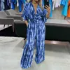 Jumpsuits voor dames rompers liyong dames jumpsuit dolman mouwen v nek veter omhoog gesneden taille printen losse wijde poten casual broek romper high streetwear t230504