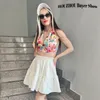Skirts HOUZHOU Kawaii Cute Mini Skirt Women Korean Fashion Patchwork Fairycore High Waist Fluffy White Skirt Vacation Outfits Summer 230504