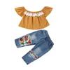 Clothing Sets 2PCS Toddler Kids Born Baby Girl Off Shoulder Lace Shirt Tops Sunflowers Hole Denim Pants Clothes Set