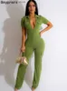 Women's Jumpsuits Rompers Neon Green Catch Flights Jumpsuit One Piece Women Clothing Clubwear Short Sleeve Pockets Details Jumpsuits Overalls T230504
