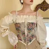 Женская футболка женская печатная печать Halter Tops Chic Bangage Floral Corset Рубашки Элегантный дизайнер французский винтажный сексуальный стиль клуб для вечеринок Ladies Top 230503