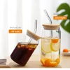 Vattenflaskor Glaskopp med bambu lock och halm Bubble Te Cup Glassar Cups Transparent öl CAFE CUCE COLL VIN COLA 320ML480ML 46PC 230503