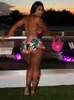 Pantaloni da donna a due pezzi Kliou Sexy Beach Style Set Donna Stampa colorata Halter Vneck Backless Crop Bikini Pantaloncini coordinati Abiti da bagno femminili 230504