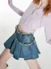 Kjolar houzhou streetwear veckad kjol denim kvinnor sexig y2k mini kjol sommar chic hög midja koreansk mode smal estetik harajuku 230504