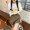 Women's Shorts Brown Rolled Wide-Leg Denim Shorts Women Korean Retro High Waist Casual Jeans Pants Korean Summer Loose A Line Shorts Femme 230504