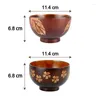 Bowls 2 Pcs Japanese Style Wooden Sakura Or Leaf Pattern Rice Bowl Natural Jujube Kids Original Wood Tableware 11.4x6.8 CM
