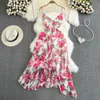 Sexy V-Ausschnitt-Halfterkleid mit Bund mit Bund schlanker A-Linie gekräuseltes Chiffon Kleid Urlaub Tourismus Strandkleid