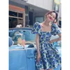 Casual Kleider Blauer Druck Süße Elegante Prinzessin Frauen Koreanische Dünne Kurzarm Fee Bandage Retro Quadratischer Kragen Sommer 230504