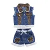 Conjuntos de roupas 1 6y Moda infantil meninas de meninas de leopardo com mangas com casaco coletes de trespassado com trespôs shorts 2pcs 230504