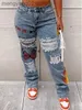 Women's Jeans LW Plus Size Butterfly Letter Print Ripped Women Large Denim Fashion Straight Pants Streetwears Trousers(2 Colors) T230504