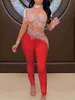 Kobiety Jumpsuits Rompers Sexy See Through Throinestone Mesh Bodycon Jumpsuit Kobiety Lato Długie rękawie Jumpsuits Body Birthday Club Klub Bodysuit T230504