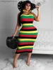 Casual Dresses LW Plus Size Striped Backless Color Contrast Sleeveless Mid Calf Wrapped Skirt Rainbow One Piece Overalls Boho Maxi T230504