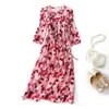 2023 Summer Pink Plaid Print Belted Silk Dress 3/4 Sleeve V-ringknappar Single-Breasted Casual Dresses C3A255038
