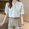 Kvinnors blusar mode casual office lady white skjorta kvinnors sommarband bowknot affärsblus kort ärm blusa topp
