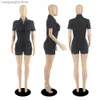 Combinaisons pour femmes Barboteuses Echoine Sexy Solid Turn Down Col Zipper Playsuit Pocket Streetwear Casual Bodycon Cargo Jumpsuit One Piece Party Clubwear T230504