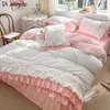 Sängkläder set rosa broderade spets bröllop gåvor prinsessan samling mjuk uppsättning täcke täcke säng linne platta lakan kuddväskor #/l