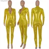 Jumpsuits voor dames rompers herfst herfst dames catsuit playsuits diep v nek bodycon lady faux lederen lange mouw pailletten jumpsuit t230504