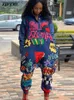 Kvinnors jumpsuits Rompers Multicolor Letter Print Harajuku Baggy Romper Women Casual Stand Collar Long Sleeve Loose Jumpsuit Streetwear Button Bodysuits T230504