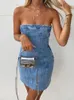 Sukienki swobodne seksowne Y2K Blue Denim Sheath Mini Women Dżinsy Rurka Body Bodygon Sukienka Modna impreza Street Style Ladies Vestidos 230504