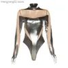 Kvinnors jumpsuits Rompers Woman 2st Metallic Pu Mesh Patchwork Suit Solid Color Long Sleeve Short Jumpsuit+Pencil Pant Tracksuit S-L T230504