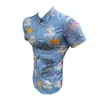 Mäns avslappnade skjortor Foreign Slim Lapel Printing Spot Blue Hawaiian Vacation Beach kortärmad skjorta M-3XL