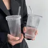 Water Bottles VIP 375Ml Simple Stripe Glass Cup With Lid and Straw Transparent Bubble Tea Cup Chic Juice Glass Milk Coffee Breakfast Cups 230503