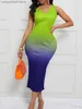 Casual Dresses LW Bohemian Gradient Orange Mid Calf Dress Tank Tie Dye V Neck Bodycon Sleeveless Sheath Body-shaping Cleavage Outfits For Women T230504