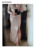 Party Dresses Silver Full Sleeved V Neck Sequined Prom Gown Low Cut Split Leg Beige Wrapped Evening Maxi Dress Gold Black Green Spring 230504