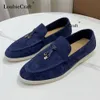 Sukienka zamszowe mokasyny kobiety letnie spacer Moccasins skórzane frędzle LP Flat Metal Lock Złącze na przyczynowe ciemne khaki 230503