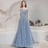 Haze Blue Cocktailkleider Spaghetti-Träger schulterfrei Pailletten A-Linie lange geraffte Applikationen Schnür-Bankett-Party-Abendkleid