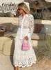 Tvådelklänning Spring Women Summer White Lace Set Hollow Out Brodery Shirt Kjol 2 PCS Robe Outfits Single Breasting Cotton Maxi 230504