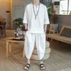 Mens Tracksits Trend Çin tarzı pamuk ve keten şortlu takım elbise tişört kırpılmış pantolon twopiece 230503