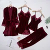 Women's Sleepwear Burgundy Velour Pajama Suit Women 4PCS Kimono Robe Nightgown Set Sleepwear Lady Winter Velvet Warm Lace Folwer Bathrobe Gown 230503