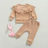 Kläder sätter 0-18m född baby flicka Autumn Solid Warm Two-Piece Ruffles Round Neck Long Sleeve Tops Elastic Midje Pants Outfit