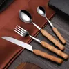 Wood Handle Tableware Set 4Pcs/Set Knife Fork Spoon Dinnerware Stainless Steel Wedding Favour Gift Flatware Steak Knife Scoop BH8546 TQQ