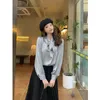 Women's Blouses 2023 Spring Satin Bow Ribbon Women Stand Collar Single Breasted Loose Elegant Shirts Tops