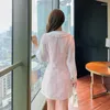 Vestidos casuais vestido de retalhos Mulheres 2023 Fall coreano de manga longa falsa duas senhoras Pink Dot Ruffle Mini Short Feminino