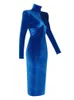 Sukienki swobodne aligou 2023 Seksowne damskie golf z długim rękawem Draped Velvet Blue Midi Bodysuit Elegancka celebrytka sukienka klubowa