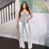 Kvinnors jumpsuits Rompers Vintage Hole Tassel Denim Jumpsuit Women 2023 Ny mode Sexig Off The Shoulder V Neck Rivet Club Party Romper Y2K One Pieces T230504