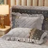 Bedding Sets Crystal Velvet Gray Thick Bed Skirt Lace Bedspread Pillowcase 1/3pcs Girls Bedclothes Sheet Wedding Home #sw