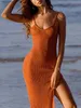 Sukienki imprezowe Prosty stały kolor dzianiny w szyku w kształcie litery VIT-SLIT SLET SLIT 2023 NOWOŚĆ SUNDRESS SUNDRESS Casual Backless Beach T230504