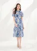 Feestjurken Runway Dress Vestidos Para Mujer Robe zomer voor vrouwen 2023 Korte mouw Print Vintage Shirt Feminino Midi Holiday Blue