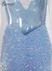 Robes de soirée Sexy bleu dos nu Slip sequin sirène robe de mariée col en V sans manches velours rembourré Stretch bal soirée longue robe femmes 230504