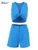 Suits de survêtement pour femmes Bclout Summer Blue Linen Shorts Sets 2 pièces 2023 Vacation V Neck Sexy Crops Tops Fashion Thin Straight Suit 230504