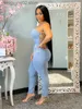 Women's Jumpsuits Rompers Echoine Summer Sexy Backless Lace Up Jumpsuit Women Blue Skinny Bodycon Denim Rompers Clubwear Outfits Jeans Overalls T230504