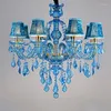 Kroonluchters Modern Blue Wedding Hall Branch Kroonluchter 6 Hoofd Koude kleur Slaapkamer Druppellicht Huis Verblijf Mediterrane themakamer Pendent Lamp